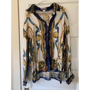 Vintage silk scarf print blouse, XL.